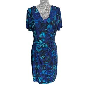 Evan Picone Blue Floral Print Dress Short Sleeve Ruched Sheath Women's Size 14